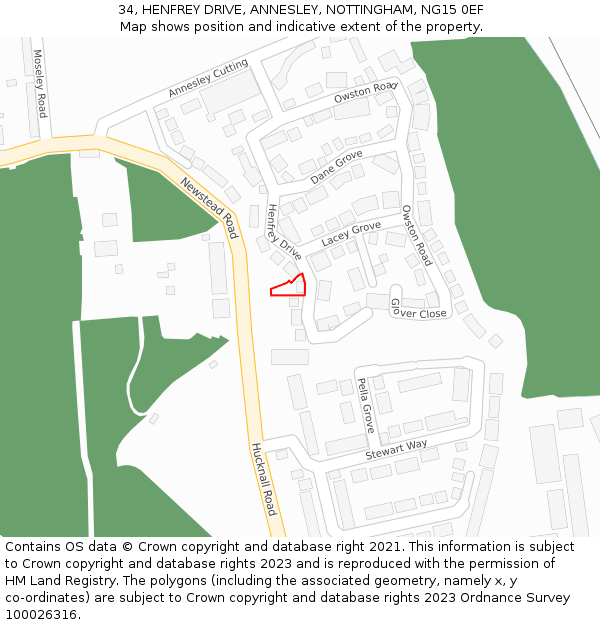 34, HENFREY DRIVE, ANNESLEY, NOTTINGHAM, NG15 0EF: Location map and indicative extent of plot