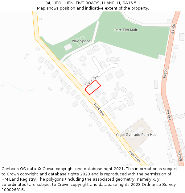 34, HEOL HEN, FIVE ROADS, LLANELLI, SA15 5HJ: Location map and indicative extent of plot