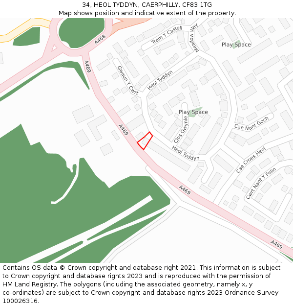 34, HEOL TYDDYN, CAERPHILLY, CF83 1TG: Location map and indicative extent of plot