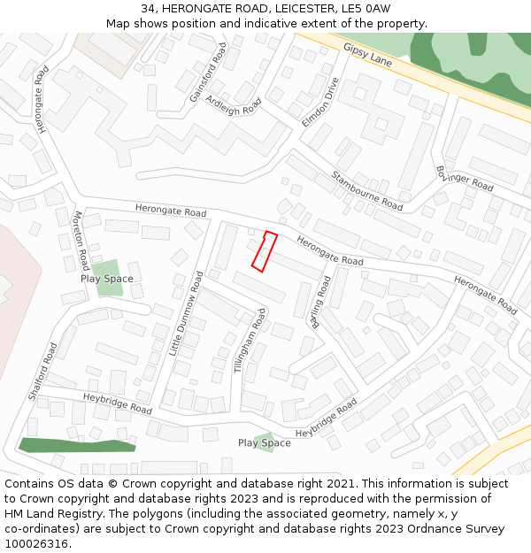 34, HERONGATE ROAD, LEICESTER, LE5 0AW: Location map and indicative extent of plot