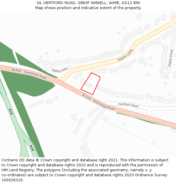 34, HERTFORD ROAD, GREAT AMWELL, WARE, SG12 9RX: Location map and indicative extent of plot