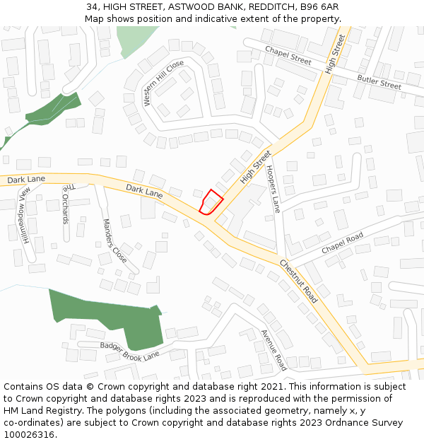 34, HIGH STREET, ASTWOOD BANK, REDDITCH, B96 6AR: Location map and indicative extent of plot