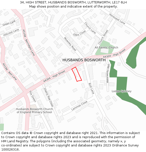 34, HIGH STREET, HUSBANDS BOSWORTH, LUTTERWORTH, LE17 6LH: Location map and indicative extent of plot