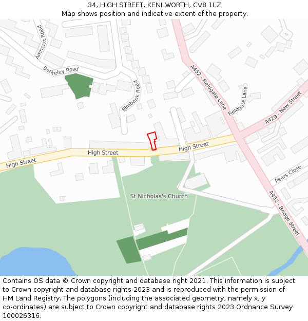 34, HIGH STREET, KENILWORTH, CV8 1LZ: Location map and indicative extent of plot