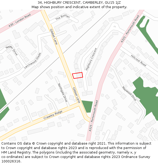 34, HIGHBURY CRESCENT, CAMBERLEY, GU15 1JZ: Location map and indicative extent of plot