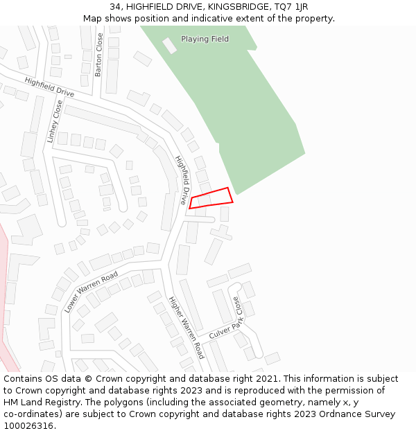 34, HIGHFIELD DRIVE, KINGSBRIDGE, TQ7 1JR: Location map and indicative extent of plot