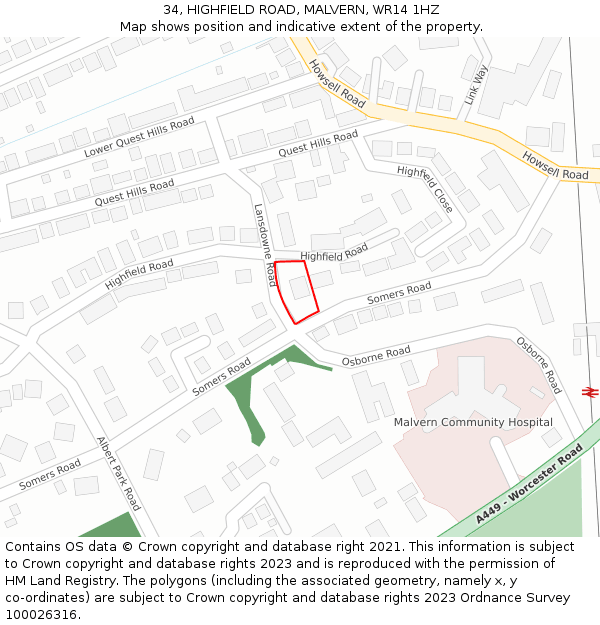 34, HIGHFIELD ROAD, MALVERN, WR14 1HZ: Location map and indicative extent of plot