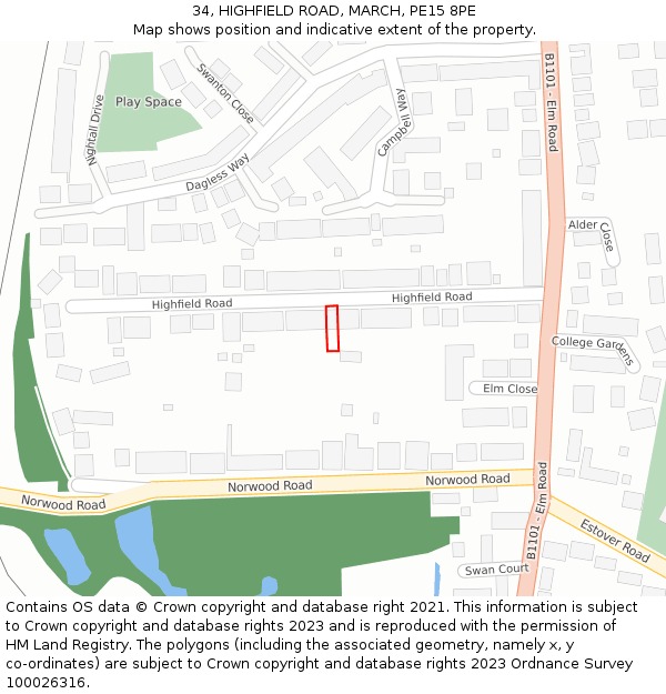 34, HIGHFIELD ROAD, MARCH, PE15 8PE: Location map and indicative extent of plot