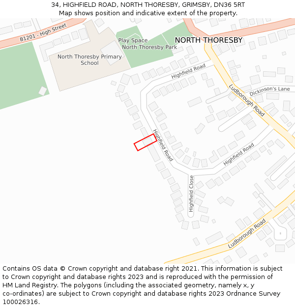 34, HIGHFIELD ROAD, NORTH THORESBY, GRIMSBY, DN36 5RT: Location map and indicative extent of plot