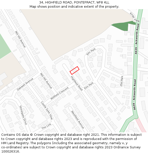 34, HIGHFIELD ROAD, PONTEFRACT, WF8 4LL: Location map and indicative extent of plot