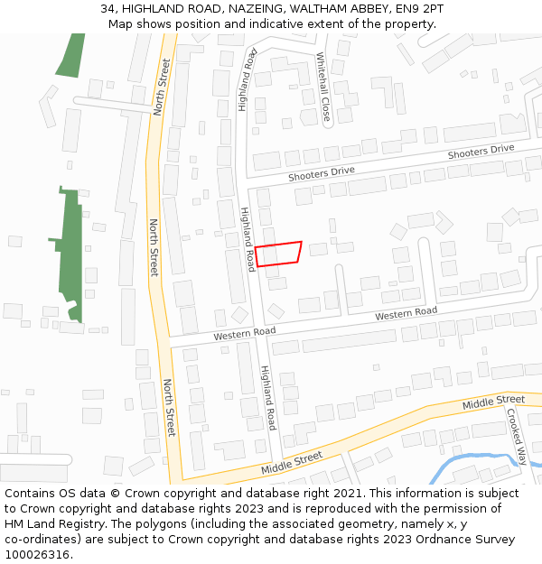 34, HIGHLAND ROAD, NAZEING, WALTHAM ABBEY, EN9 2PT: Location map and indicative extent of plot