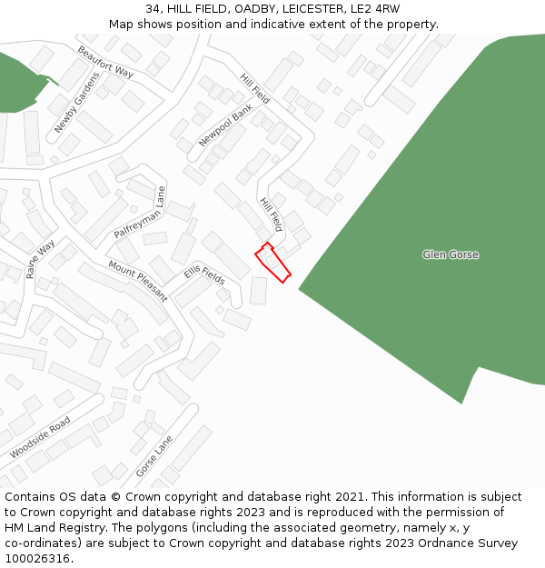 34, HILL FIELD, OADBY, LEICESTER, LE2 4RW: Location map and indicative extent of plot