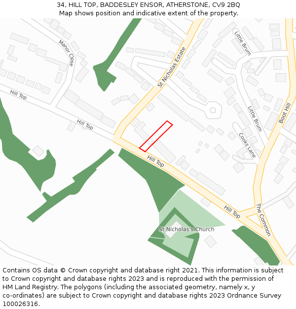 34, HILL TOP, BADDESLEY ENSOR, ATHERSTONE, CV9 2BQ: Location map and indicative extent of plot