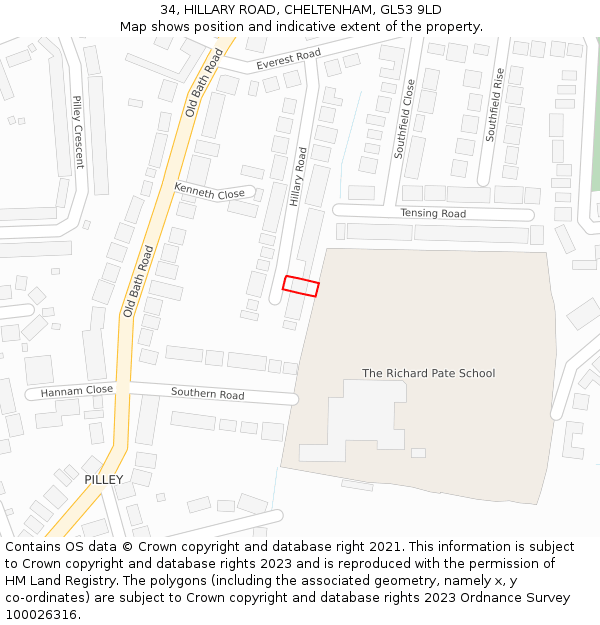 34, HILLARY ROAD, CHELTENHAM, GL53 9LD: Location map and indicative extent of plot