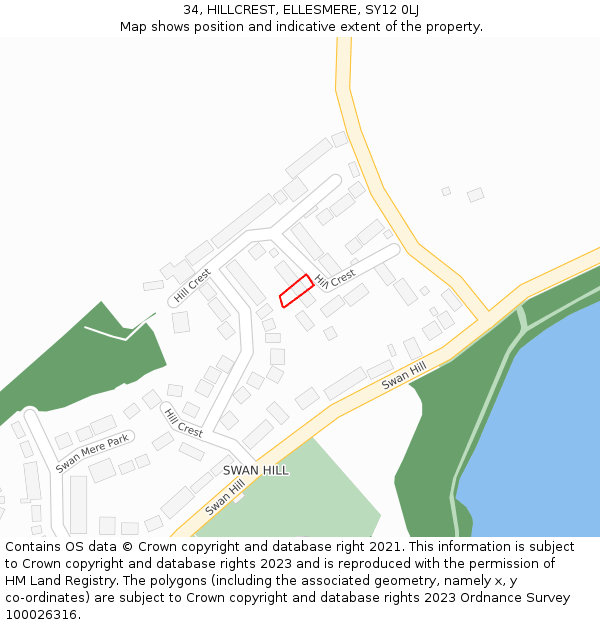 34, HILLCREST, ELLESMERE, SY12 0LJ: Location map and indicative extent of plot