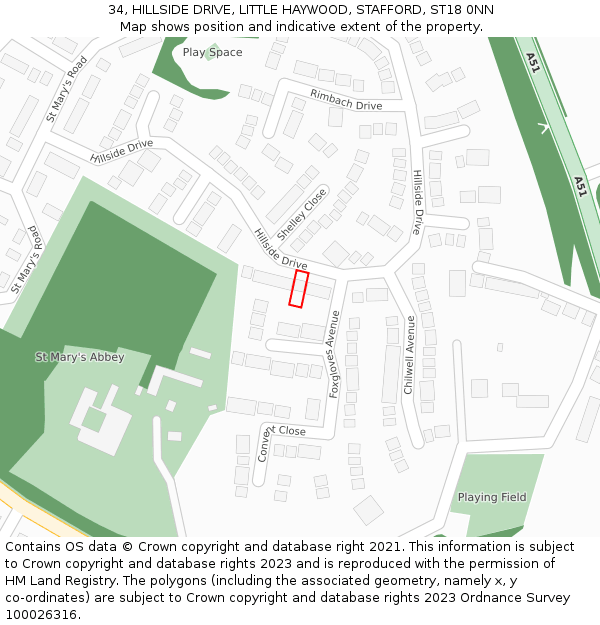 34, HILLSIDE DRIVE, LITTLE HAYWOOD, STAFFORD, ST18 0NN: Location map and indicative extent of plot