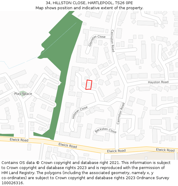 34, HILLSTON CLOSE, HARTLEPOOL, TS26 0PE: Location map and indicative extent of plot