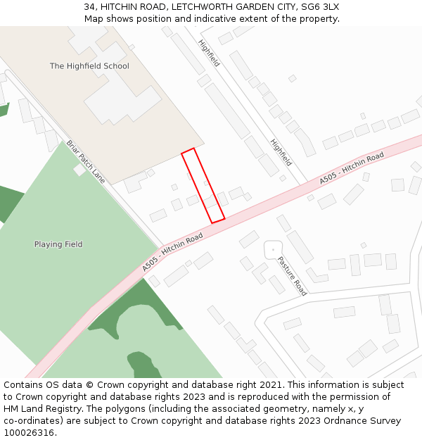 34, HITCHIN ROAD, LETCHWORTH GARDEN CITY, SG6 3LX: Location map and indicative extent of plot