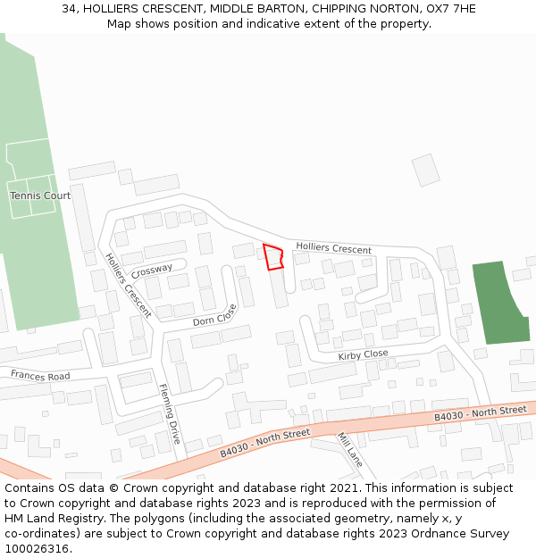 34, HOLLIERS CRESCENT, MIDDLE BARTON, CHIPPING NORTON, OX7 7HE: Location map and indicative extent of plot