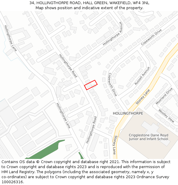 34, HOLLINGTHORPE ROAD, HALL GREEN, WAKEFIELD, WF4 3NL: Location map and indicative extent of plot
