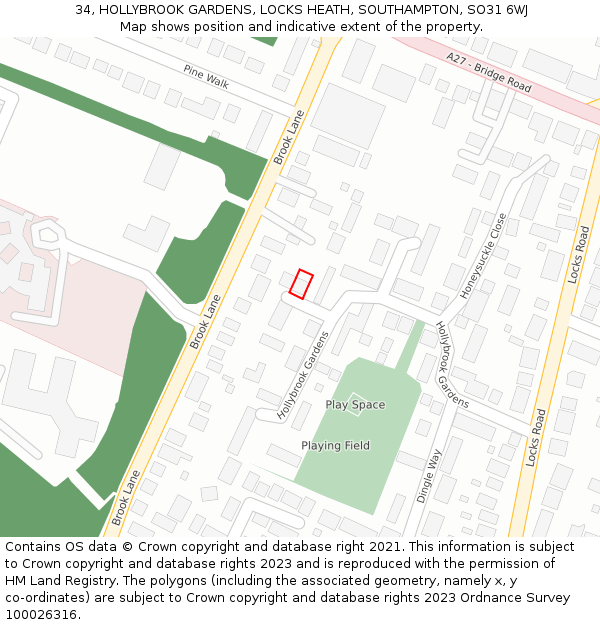 34, HOLLYBROOK GARDENS, LOCKS HEATH, SOUTHAMPTON, SO31 6WJ: Location map and indicative extent of plot