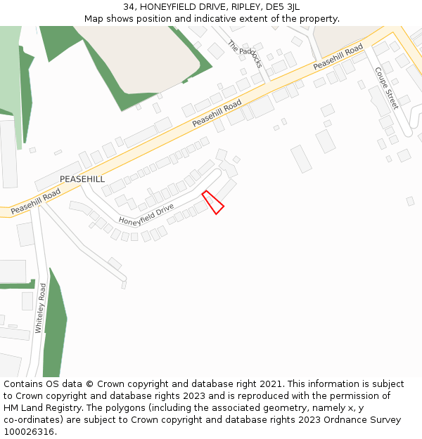 34, HONEYFIELD DRIVE, RIPLEY, DE5 3JL: Location map and indicative extent of plot