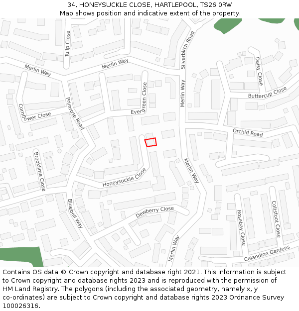 34, HONEYSUCKLE CLOSE, HARTLEPOOL, TS26 0RW: Location map and indicative extent of plot
