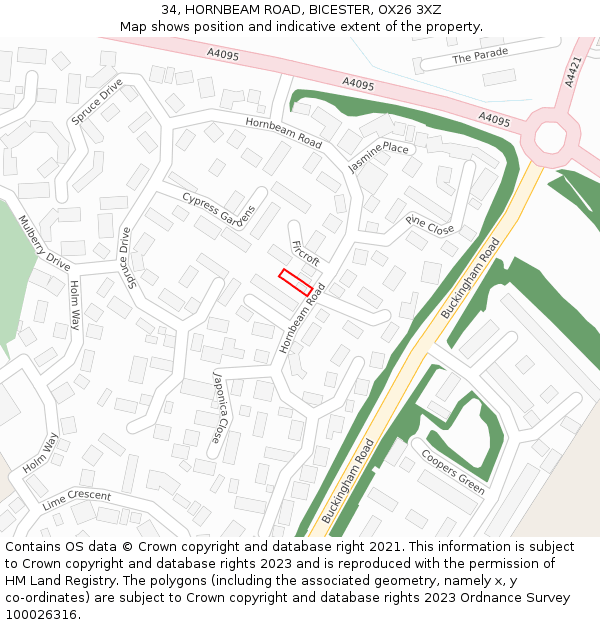 34, HORNBEAM ROAD, BICESTER, OX26 3XZ: Location map and indicative extent of plot