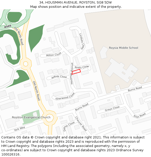 34, HOUSMAN AVENUE, ROYSTON, SG8 5DW: Location map and indicative extent of plot