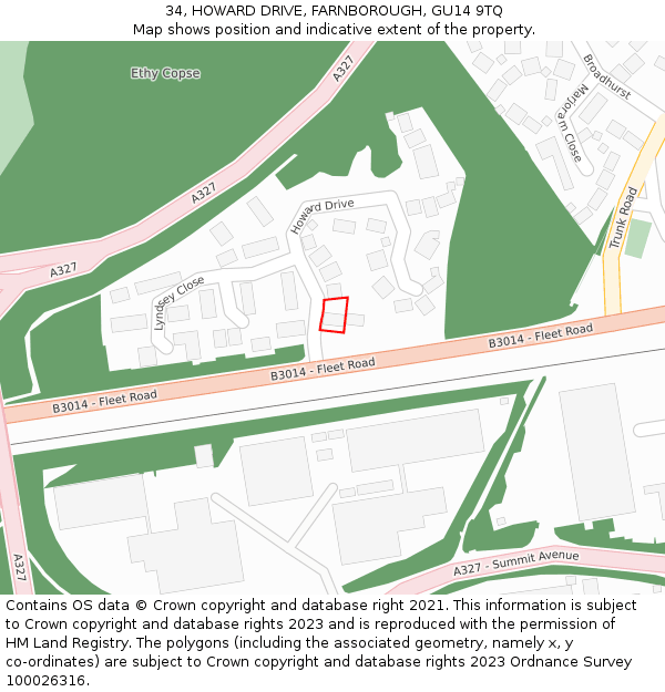 34, HOWARD DRIVE, FARNBOROUGH, GU14 9TQ: Location map and indicative extent of plot