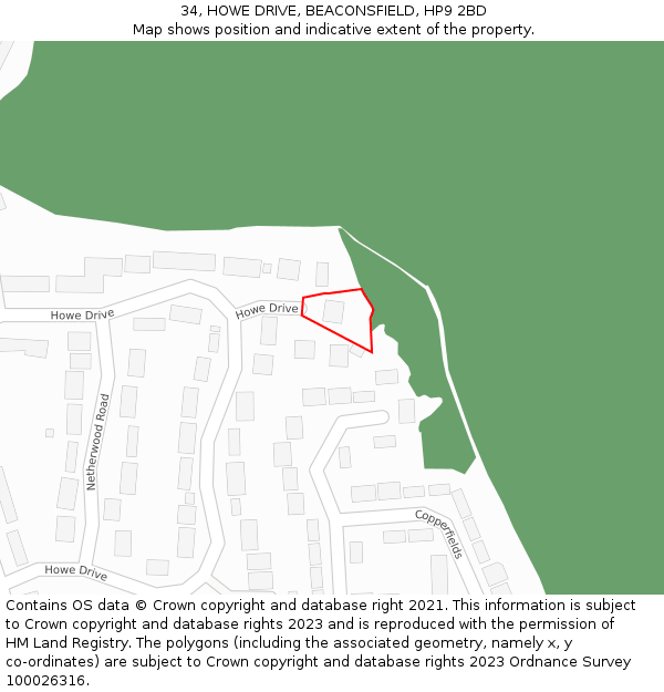 34, HOWE DRIVE, BEACONSFIELD, HP9 2BD: Location map and indicative extent of plot