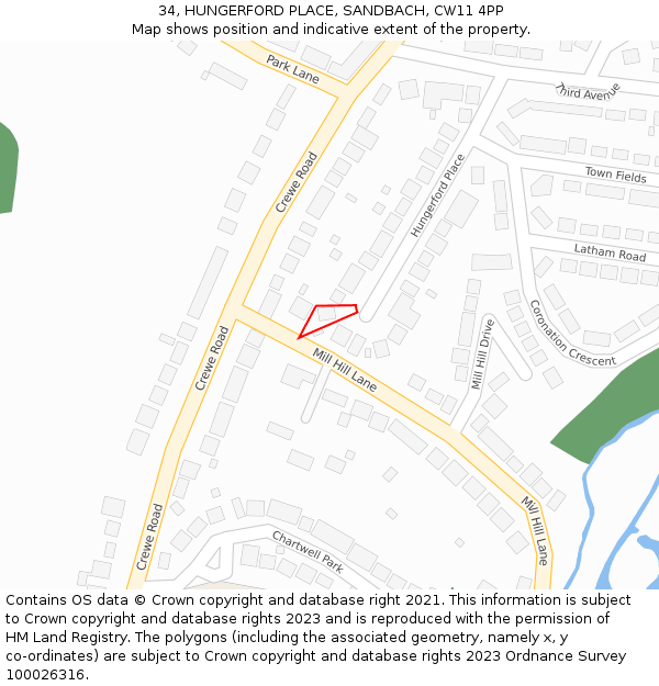 34, HUNGERFORD PLACE, SANDBACH, CW11 4PP: Location map and indicative extent of plot