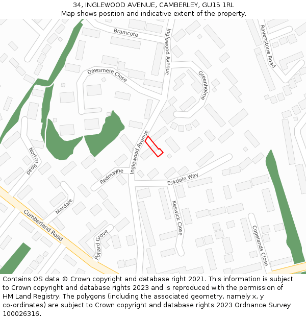 34, INGLEWOOD AVENUE, CAMBERLEY, GU15 1RL: Location map and indicative extent of plot