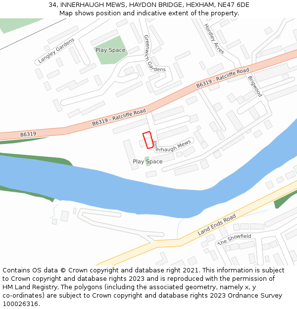 34, INNERHAUGH MEWS, HAYDON BRIDGE, HEXHAM, NE47 6DE: Location map and indicative extent of plot