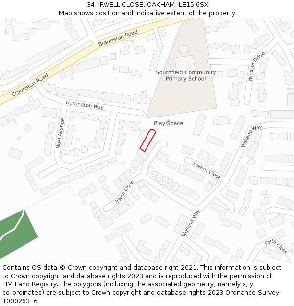 34, IRWELL CLOSE, OAKHAM, LE15 6SX: Location map and indicative extent of plot