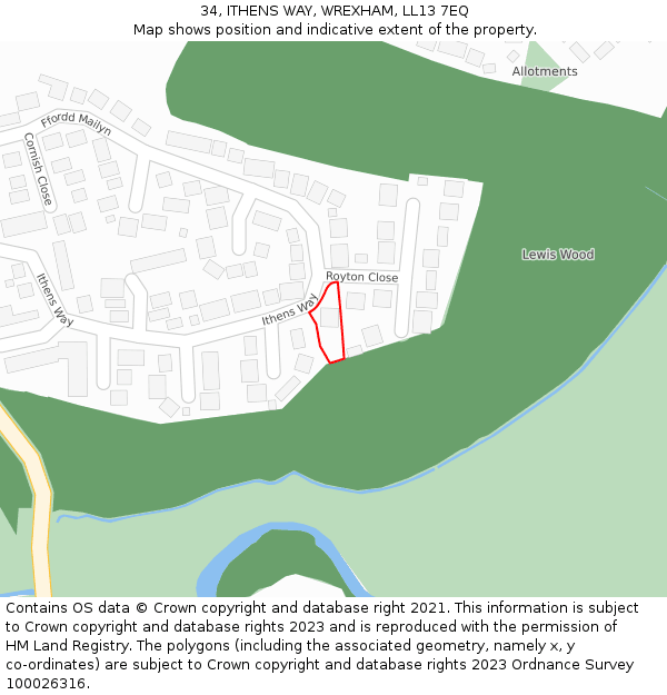 34, ITHENS WAY, WREXHAM, LL13 7EQ: Location map and indicative extent of plot