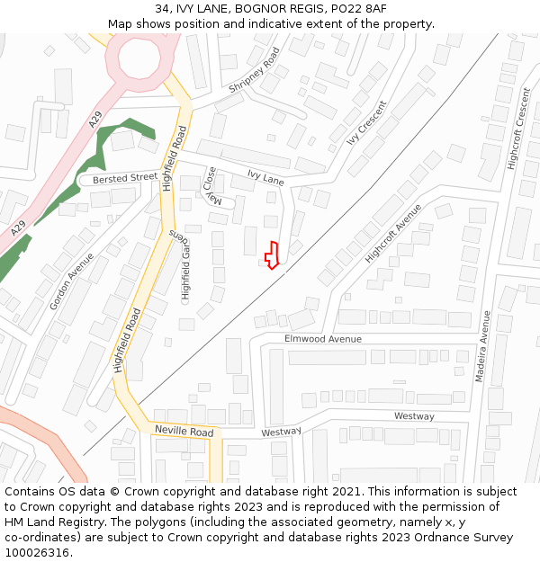 34, IVY LANE, BOGNOR REGIS, PO22 8AF: Location map and indicative extent of plot