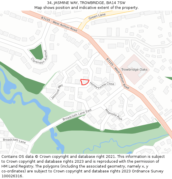 34, JASMINE WAY, TROWBRIDGE, BA14 7SW: Location map and indicative extent of plot