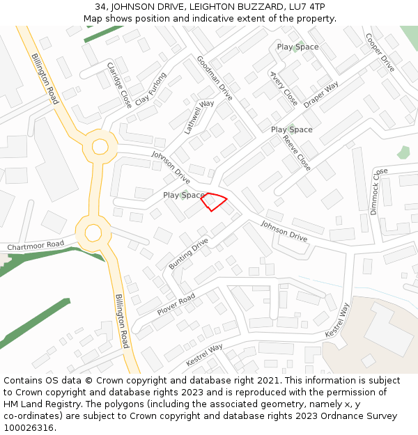 34, JOHNSON DRIVE, LEIGHTON BUZZARD, LU7 4TP: Location map and indicative extent of plot