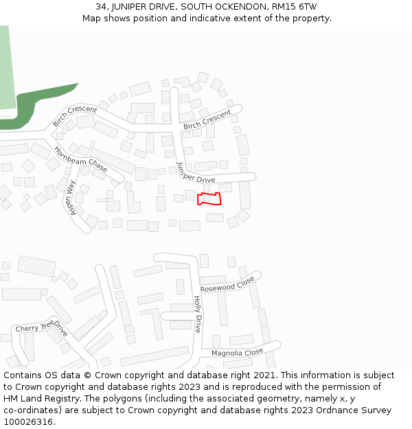 34, JUNIPER DRIVE, SOUTH OCKENDON, RM15 6TW: Location map and indicative extent of plot