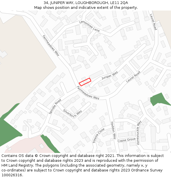 34, JUNIPER WAY, LOUGHBOROUGH, LE11 2QA: Location map and indicative extent of plot