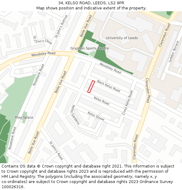 34, KELSO ROAD, LEEDS, LS2 9PR: Location map and indicative extent of plot