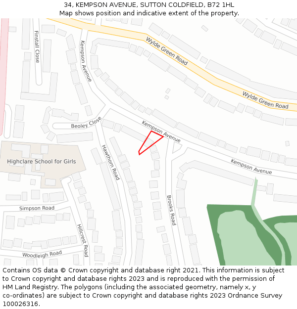 34, KEMPSON AVENUE, SUTTON COLDFIELD, B72 1HL: Location map and indicative extent of plot