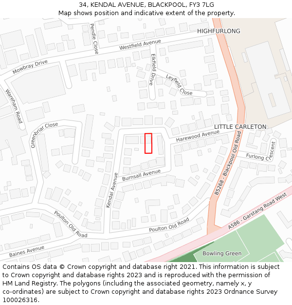 34, KENDAL AVENUE, BLACKPOOL, FY3 7LG: Location map and indicative extent of plot