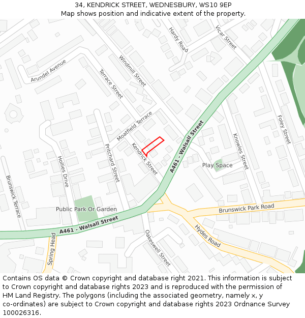 34, KENDRICK STREET, WEDNESBURY, WS10 9EP: Location map and indicative extent of plot