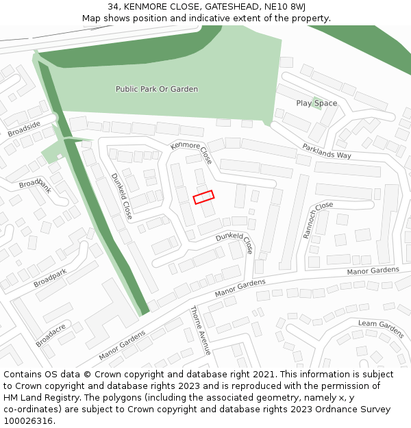 34, KENMORE CLOSE, GATESHEAD, NE10 8WJ: Location map and indicative extent of plot