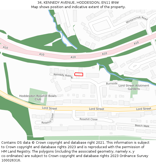 34, KENNEDY AVENUE, HODDESDON, EN11 8NW: Location map and indicative extent of plot