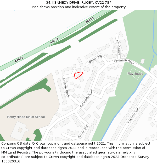 34, KENNEDY DRIVE, RUGBY, CV22 7SP: Location map and indicative extent of plot