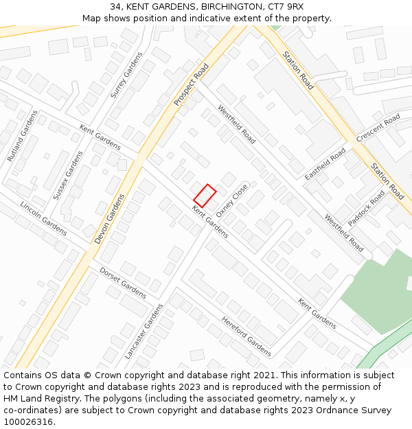 34, KENT GARDENS, BIRCHINGTON, CT7 9RX: Location map and indicative extent of plot