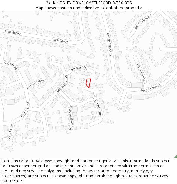 34, KINGSLEY DRIVE, CASTLEFORD, WF10 3PS: Location map and indicative extent of plot